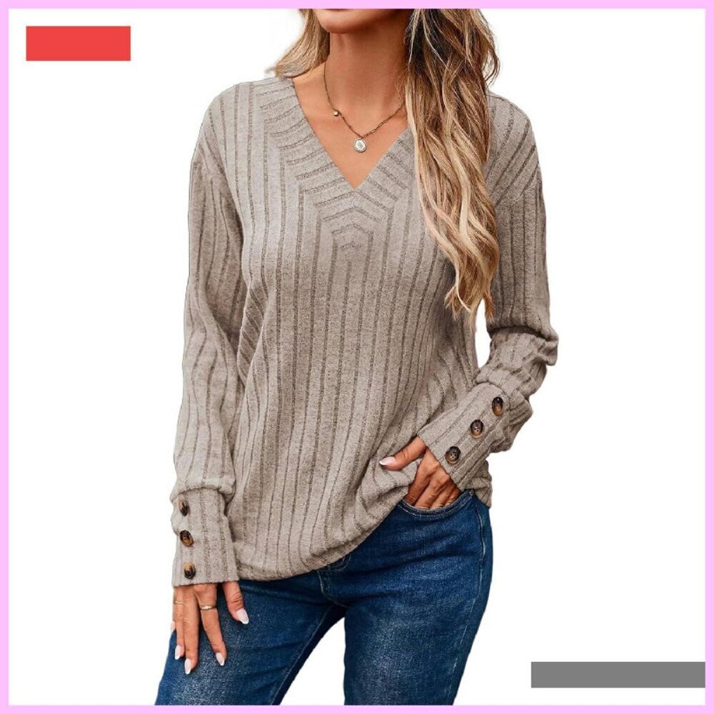 Soft Long Sleeve V-Neck Tunic Top with Decorative Buttons